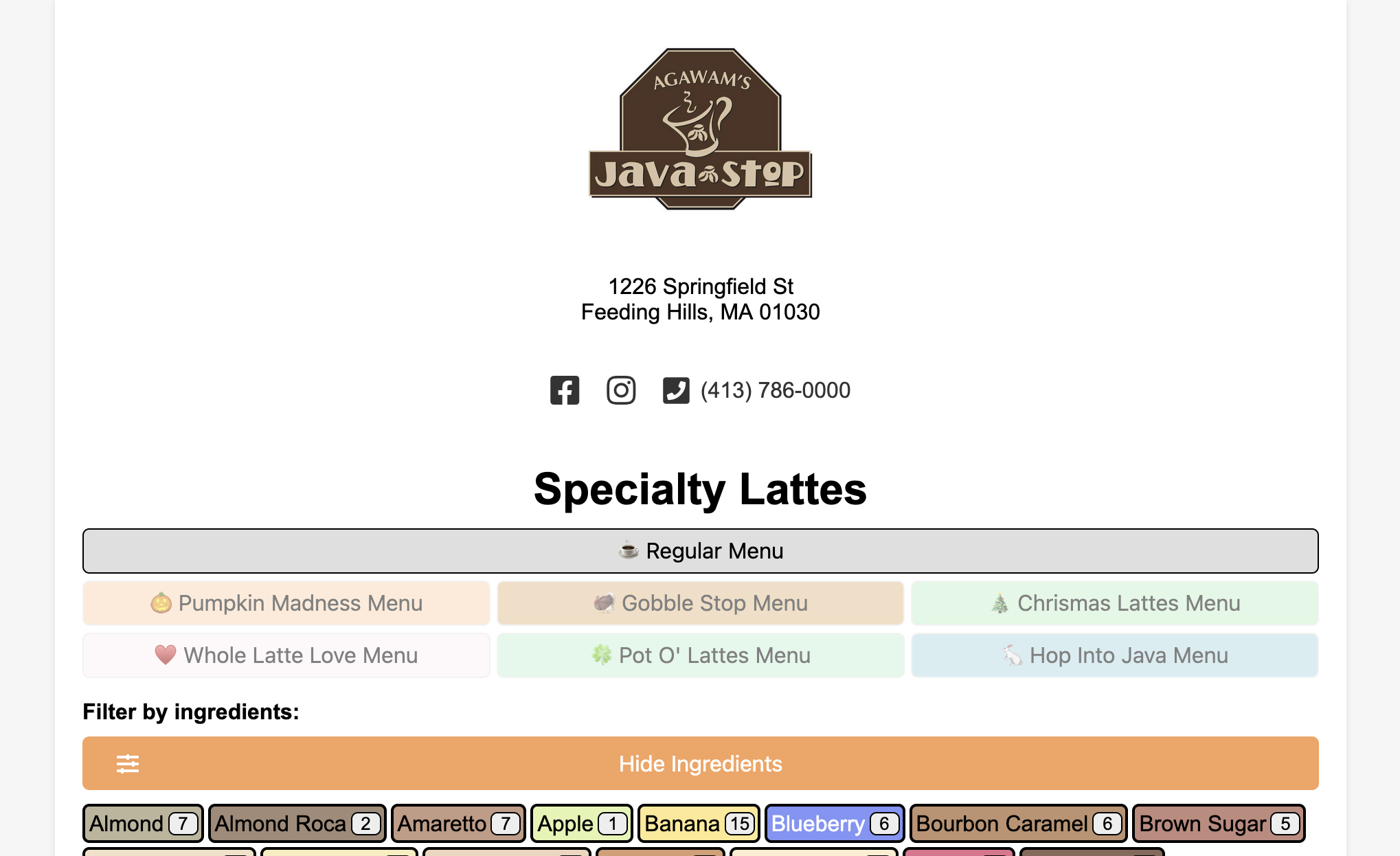 Agawam Java Stop interactive menu preview